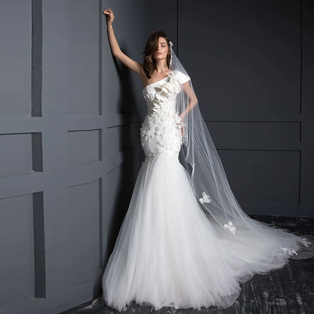 

2020 Tulle Trumpet Bridal Gowns Robe De Mariee Sirene Beading Appliques Flowers One Shoulder Mermaid Wedding Dress Casamento
