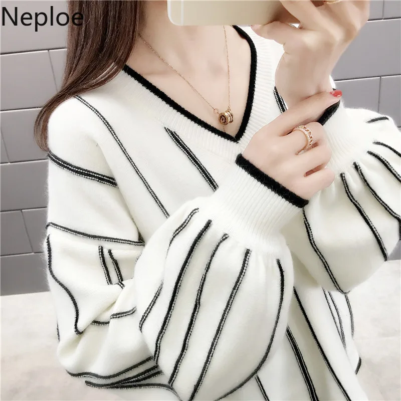 Neploe, Осень-зима, вязаный свитер для женщин, свободный, дикая мода, v-образный вырез, Полосатый пуловер, патч, Pull Femme, женский топ, 46650