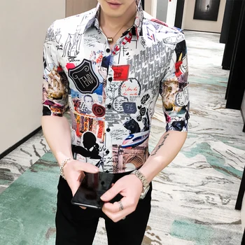 

2020 Designer Print Shirts Men Summer Half Sleeve Casual Slim Fit Streetwear Dress Shirts Fashion High Quality Camisa Masculina