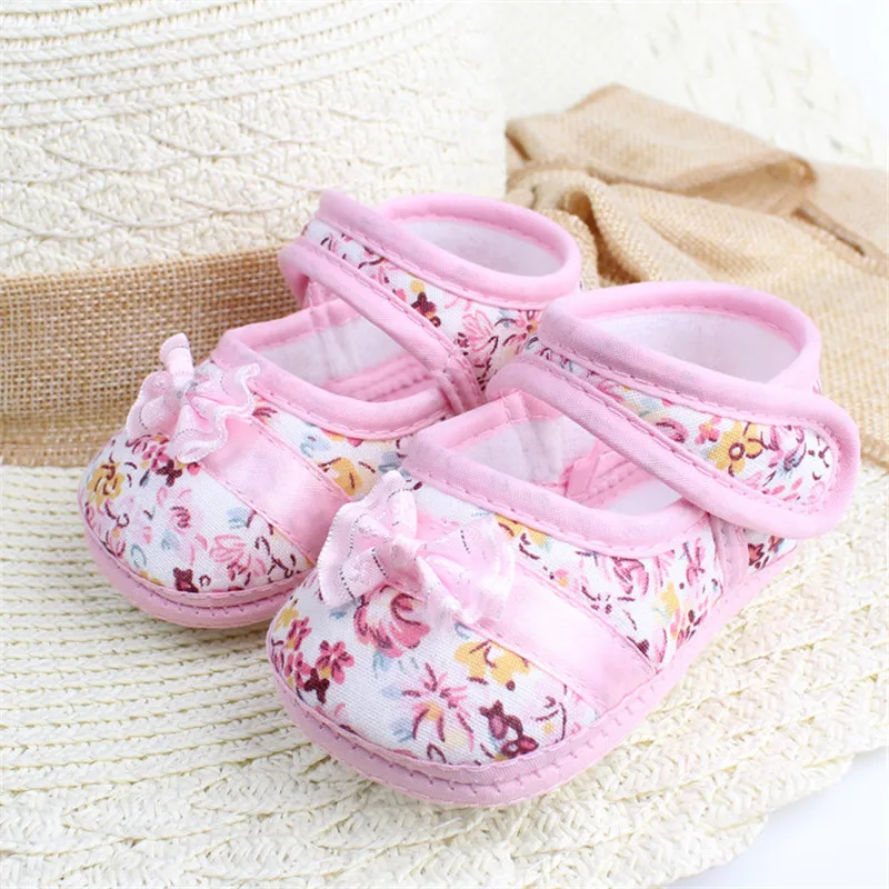 New Hot Infants Shies Baby Kids Bowknot Flower Printed Prewalker Cotton Fabric Shoes