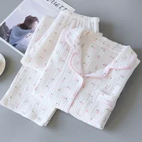 Fdfklak Spring Fall Full Sleeve Homewear Loose 2Pcs Pajama Set 100% Gauze Cotton Casual Print Sleeping Shirt Home Wear Clothes