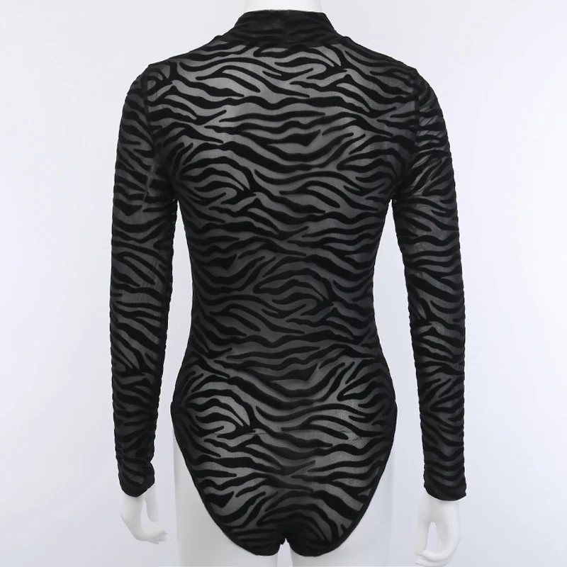 WannaThis Sexy Mesh Bodysuit Stripe Print Long Sleeve Mock Neck See-Through Spring Autumn New Women Black Elastic Ladies Rompers yellow bodysuit