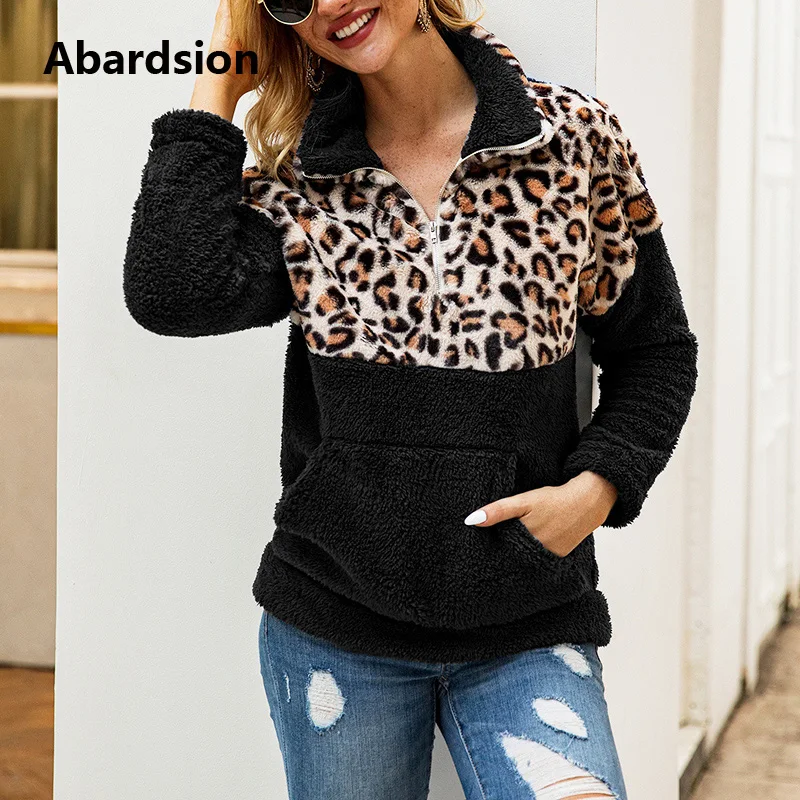 Price Abardsion Winter Warm Fluffy Plush Hoodie Women Sweatshirt Plus Size Hoody Ladies Patchwork Leopard Zipper Fur Oversized Hoodies