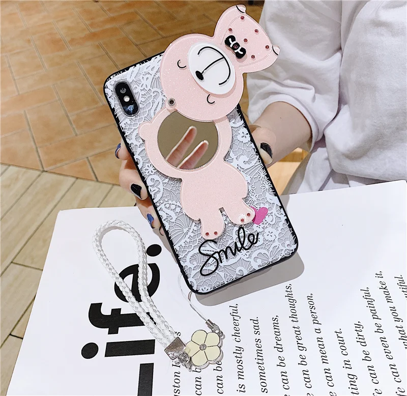 Lace Flower Makeup Mirror Phone Case For Samsung Galaxy S8 S9 S10 Lite S7 S6 Edge Plus C5 C7 C9 Note 8 9 With Lanyard Back Cover