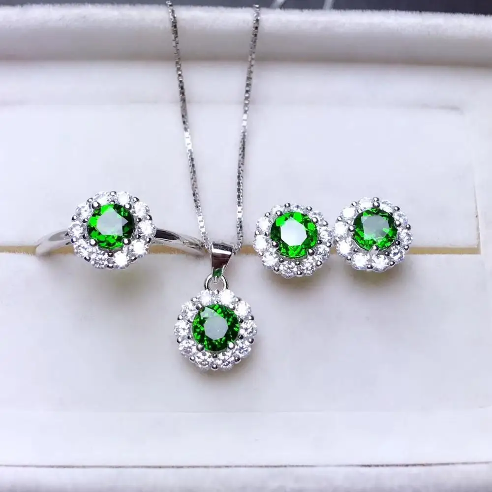 

charming clear green Diopside gemstone ring earrings and necklace jewelry set natural round gem 925 sterling silver girl gift