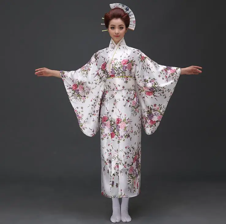 white floral Лидер продаж, японское женское оригинальное платье юката, традиционное кимоно с Obi, танцевальные костюмы для выступлений, один размер - Цвет: white floral