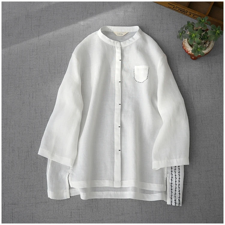 Camisas para Mulheres Roupas de Moda Shuchan Ramie Solto Mulher Estilo Chinês Três Quartos Manga Bolsos O-pescoço Camisas Casuais 2021 2 High Quality Moda Feminina