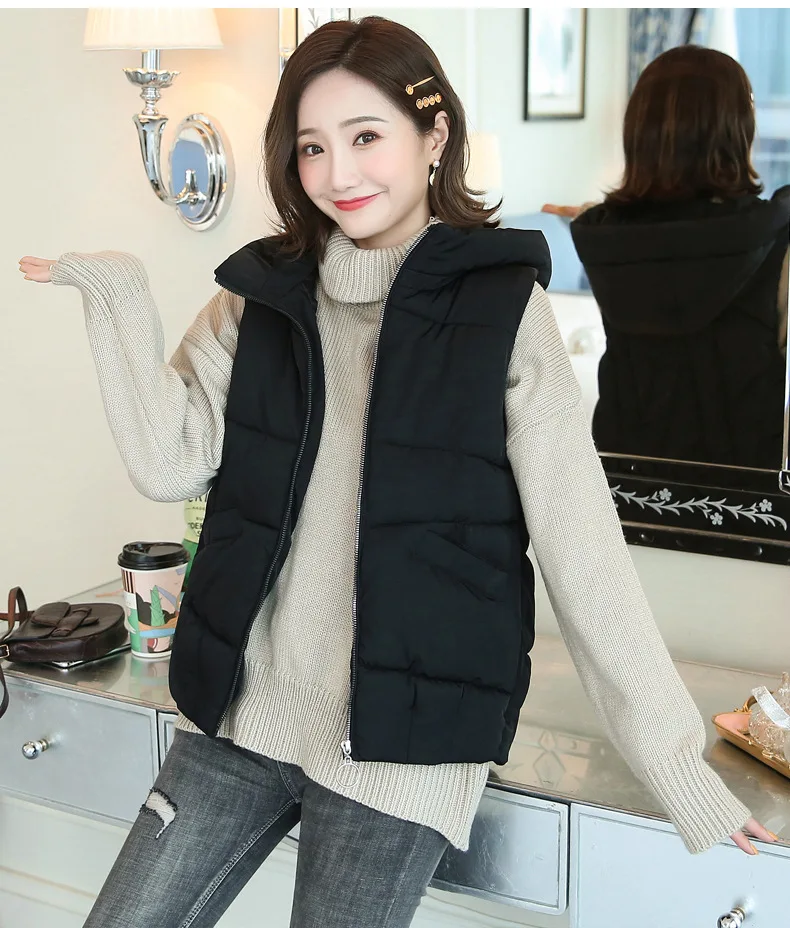 Lugentolo Women's Vest Vest Short Cotton Clothing Autumn and Winter Loose Solid Color Zipper Hooded Vest Cotton Clothing