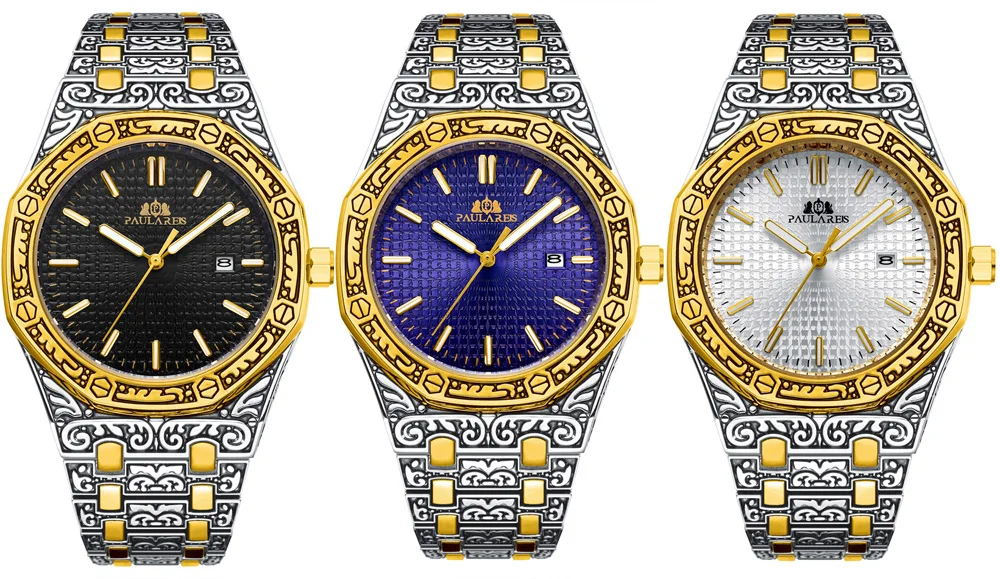 Lusso antico intagliato vintage luminoso oro rosa oro giallo argento 2 toni blu quarzo classico da uomo_voghion.com