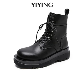 

Black Split Leather Ankle Boots 2020 Fashion Lace Up Platform Shoes For Women Chunky Motorcycle Boots Women