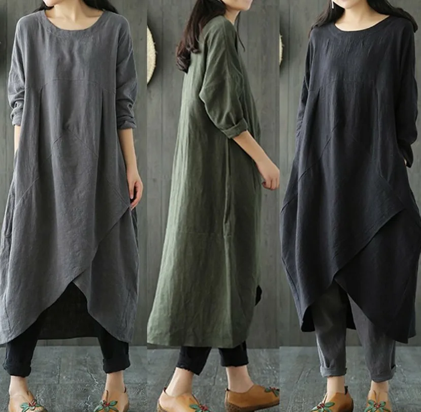 

Large Size Dress 2018 New Style Spring And Summer Ethnic-Style Borrow Shoulder Sleeve Cotton Linen Loose-Fit Slimming Mid-length