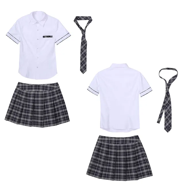 Schoolgirl Lesbian Strapon Fuck - Schoolgirl Uniform Set Turn-down Collar Short Sleeves Shirt with Plaid  Pleated Mini Skirt and Tie Girls Student Cosplay Costumes - AliExpress