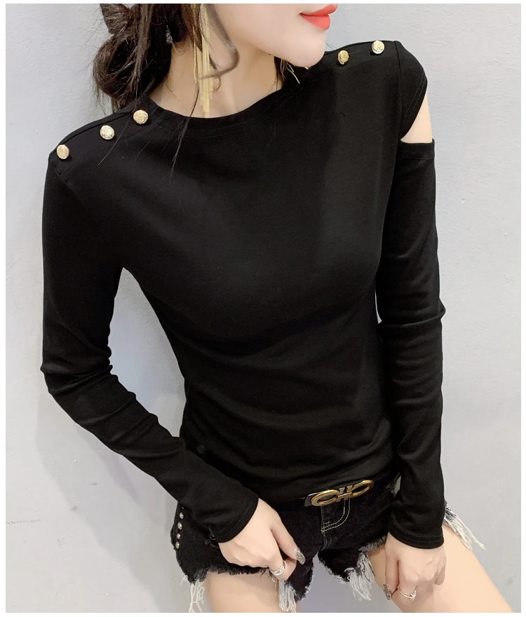 Korean Striped Fashion Sexy Off Shoulder lHollow Out Button Tshirt New Autumn Winter Women Top Camiseta Mujer T90202