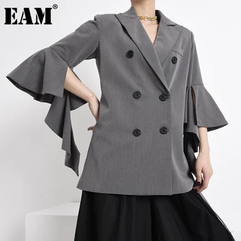 

[EAM] Women Ruffles Double Breasted Blazer New Lapel Three-quarter Sleeve Loose Fit Jacket Fashion Spring Autumn 2020 1Y67805