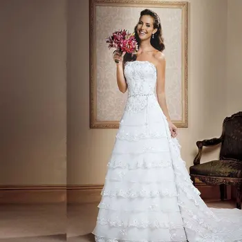 

2018 A Line Strapless Tiered Lace Appliques Court Train Sequins Crystal Beaded Bridal gown Occasions mother of the bride dresses