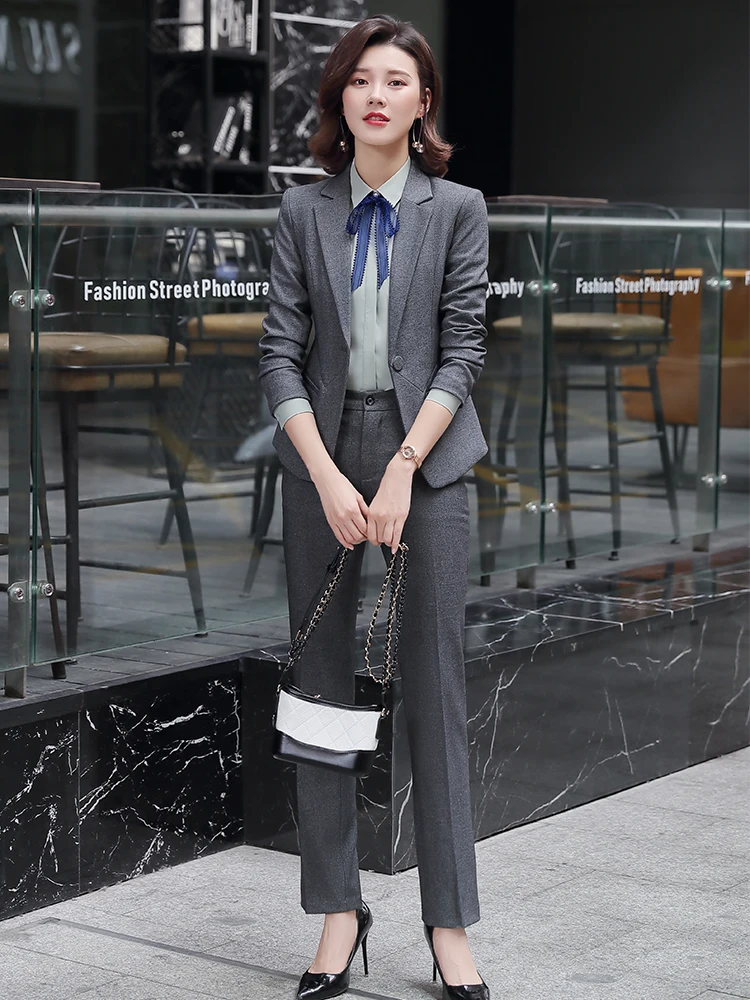 Office Lady 3 Piece Set Women Formal Work Wear Pant Suit Uniform Designs Single Button Black Gray Blazer Jacket Vest and Pant