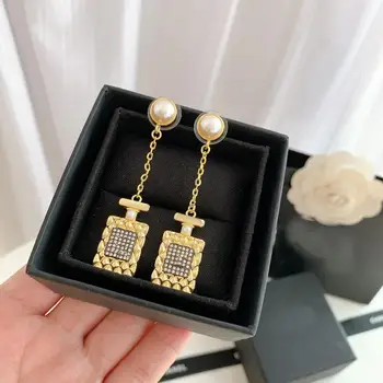 

Perfume bottle Channelles pearl CC Crystal Stud drop earrings luxury jewelry gold eardrop for women high quality Holiday Gift