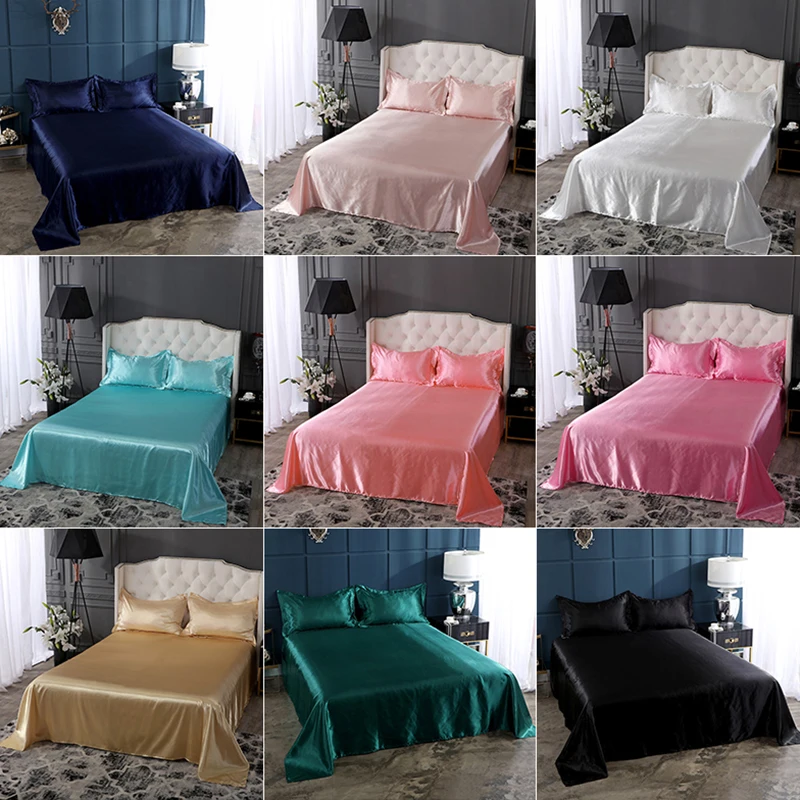 Highend Satin Emulation Silk Bed Sheet Set Pillowcase Luxury Home
