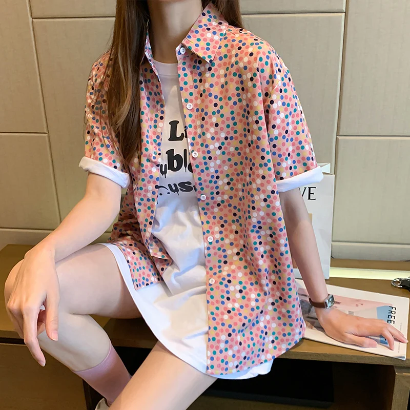 2020 Summer Print Polka Dot Printed Loose Big Size Pink Green Oversized Shirt Women Blouse Fashion Streetwear Tee Shirt Femme