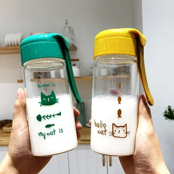 

Korean-Style Simple Creative Cartoon Glass Handle Portable Men and Women Students Take-out Cup Cute Heat Resistant Ins Cup