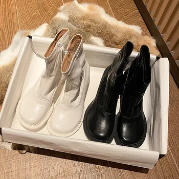 

2020 women boots leather mid calf boots fashion round toe winter autumn boots shoes women platfom 6cm heel motorcycle boots