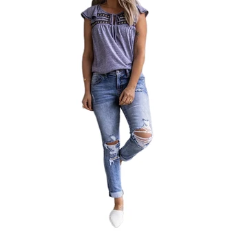 

New Fashion Women Summer Korean Slim Fit High Waist Jeans Ripped High waist Straight Denim Hole Trousers Blue Autumn Ladies