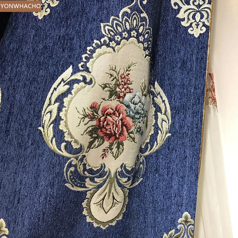 Custom curtain Upscale retro American country chenille thick jacquard blue cloth blackout curtain tulle valance drapes B618