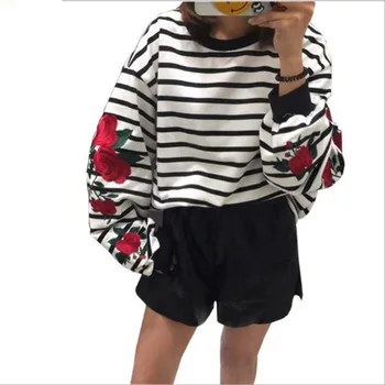 

spring girls fashion embroidery rose lantern sleeve woman sweatshirt Korean style pullover o-neck female sweatshirt