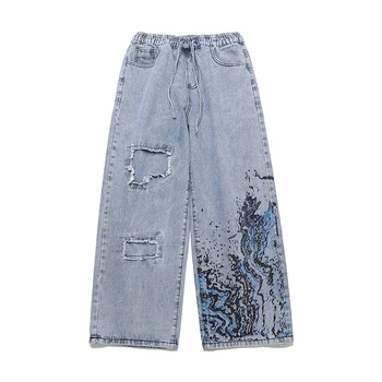 

Ripped Jeans Casual Pants Men and Women Loose High Street Straight Light Color Graffiti Denim Trousers Harajuku Hip Hop Pants
