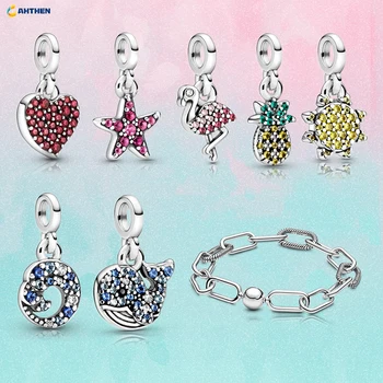 

2020 Me Theme 925 Sterling Silver Love Pink Flamingo Blue Whale Dangle Charm Fit Original Brand Me Bracelet Women Bead Jewelry