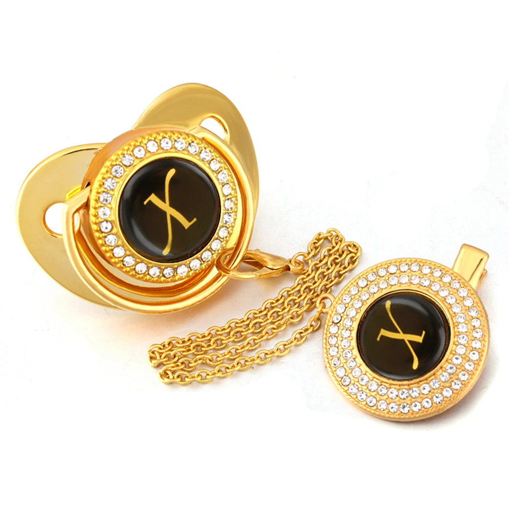 

Gold Black Name Initials Letter X Bling Pacifier and Pacifier Clips Luxury Pacifier BPA Free