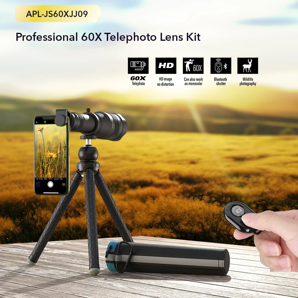 APEXEL HD 60x telescope telephoto lens 60x monocular+miniselfie tripod for iPhone Xiaomi other smartphones Travel Hunting Hiking