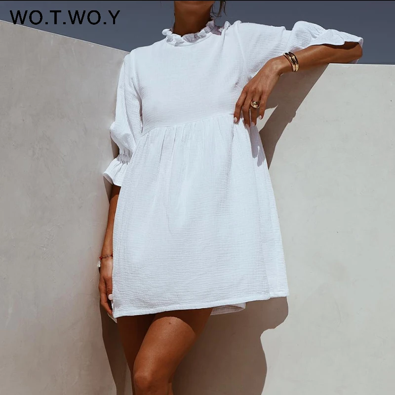 WOTWOY Summer Ruffles Loose T Shirt Dress Women Lantern Sleeves Casual White Dresses Women Cotton Mini Vestidos Bohemios 2020 WOTWOY Summer Ruffles Loose T Shirt Dress Women Lantern Sleeves Casual White Dresses Women Cotton Mini Vestidos Bohemios 2020
