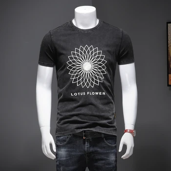 

2020 Summer Denim T Shirt Men Fashions Lotus Flower Print Short Sleeve O-Neck Wash tshirt