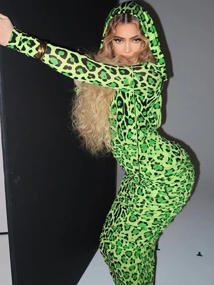 

SKMY Autumn Winter New Women Clothing Fashion Leopard Print Dress Evening Party Hooded Long Sleeve Dress Ankle-Length
