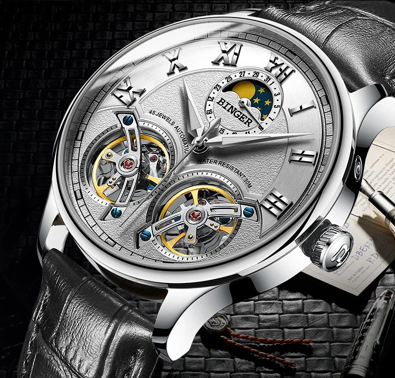 Tourbillon BINGER, мужские часы, Лидирующий бренд, роскошные деловые механические часы, мужские автоматические водонепроницаемые часы с скелетом, Montre Homme