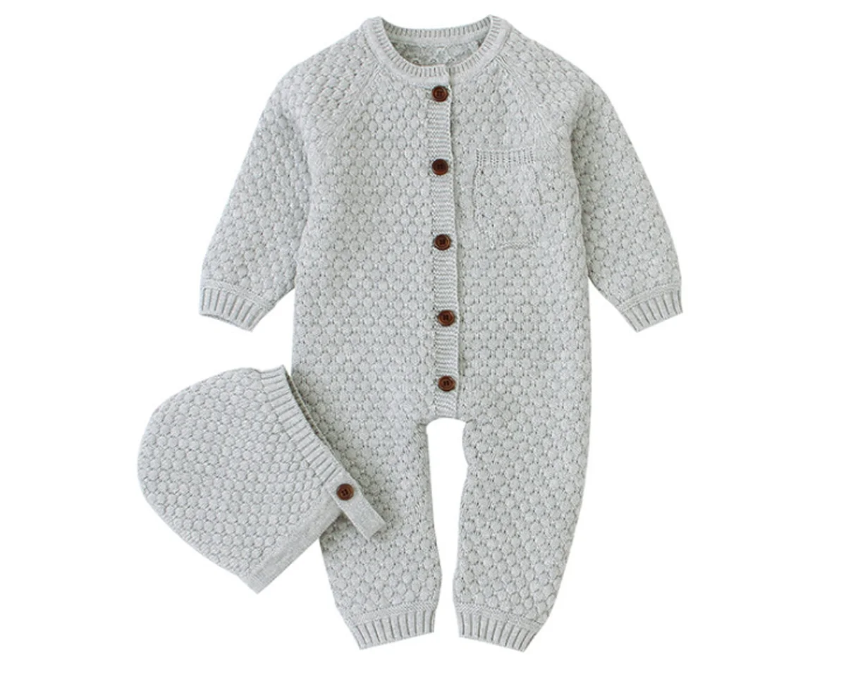 Gray Pudcoco осенняя одежда для новорожденных мальчиков и девочек сплошной цвет вязания хлопковый комбинезон шапка на пуговицах комплект из 2 предметов свитер Одежда - Color: Gray