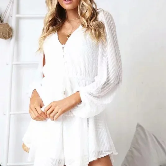 

Autumn Women Ruffle Layered Button White Chiffon Jumpsuit Ruffles Sexy Long Sleeve Mesh Rompers
