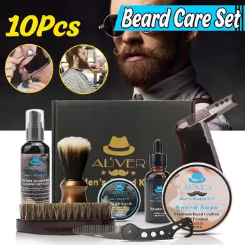 

10pcs/set Men Beard Kit Styling Tool Beard Aprons Balm Beard Oil Comb Moisturizing Wax Styling Scissors Beard Care Set