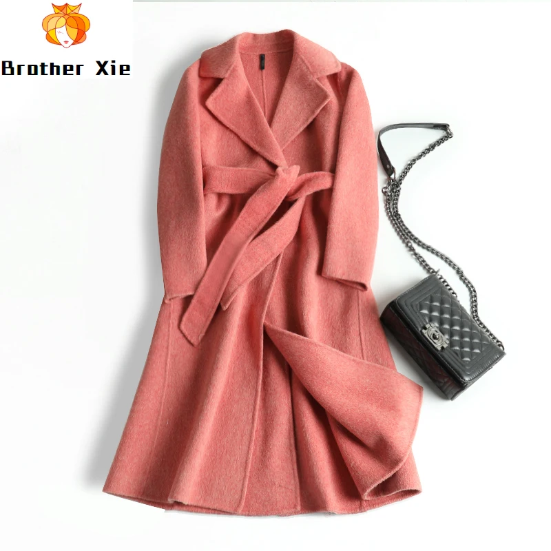 

New Double-sided Cashmere Overcoat Autumn 2020 V-neck Solid Slim Pink Long Wool Coats Winter Coat Women Wool Cashimere Coat