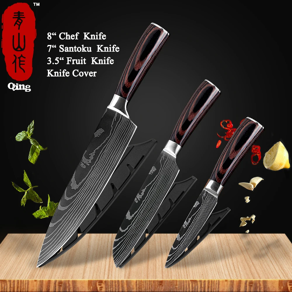 3 PCS Value set 02 Бренд Qing 8 дюймов японские кухонные ножи лазерный дамасский нож шеф-повара острый нож Santoku Кливер нож для нарезки нож инструмент - Цвет: 3 PCS Value set 02
