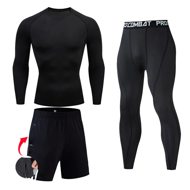 

3 Pcs/Sets Running set Tights MMA T Shirt Tactical Gym Leggings Jogging Suit Sports Men Gym fitness Compression Brand Clothing