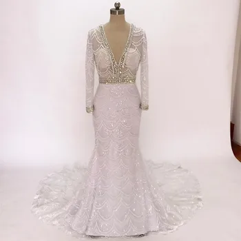 شراءزي العرائس الفاخرة الكريستال الأبيض الخامس الرقبة Vestido De Noiva 2020 التطريز الدانتيل حورية البحر فستان الزفاف كم طويل رداء دي Mariage