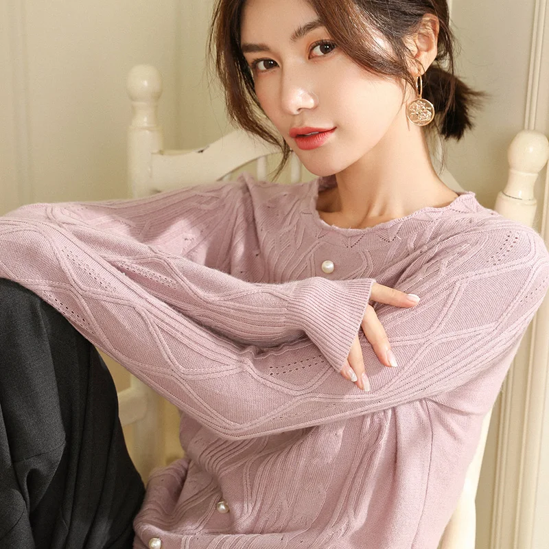 Зимний женский свитер с круглым вырезом и длинными рукавами пуловер свитер украшение в виде жемчужины вязаная одежда кашемировый свитер - Цвет: Pink