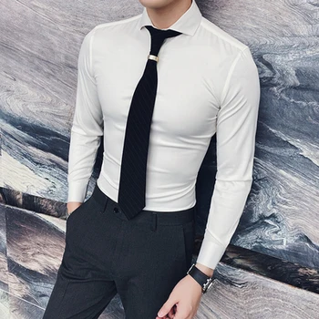 

Men's slim shirt men's long-sleeved Korean version of the black trend white bottoming shirt handsome casual business men's tide