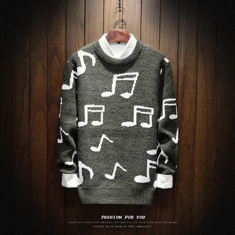 Autumn New Sweater Men's Slim Fashion Print Casual Knit Sweaters Man Sweter Clothes Wild Loose Long-sleeved Pullover Men