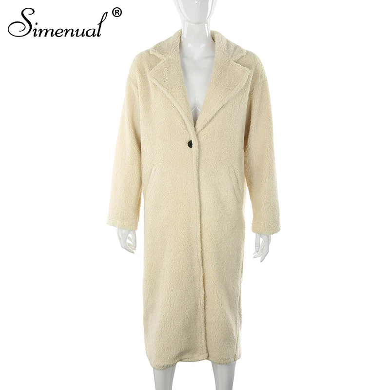 Simenual, уютный плюшевый мишка, Осень-зима, флисовые куртки для женщин, длинный рукав, одноцветная, модная, теплая верхняя одежда, повседневная, тонкая, с мехом, длинное пальто