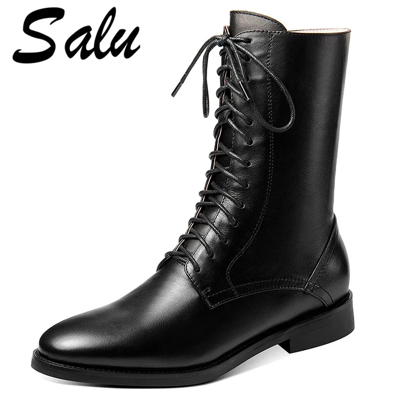 

Salu Autumn Winter Warm Comfortable Women Ankle Boots Quality Genuine Leather Lace Up Short Boots Party Shoes Woman
