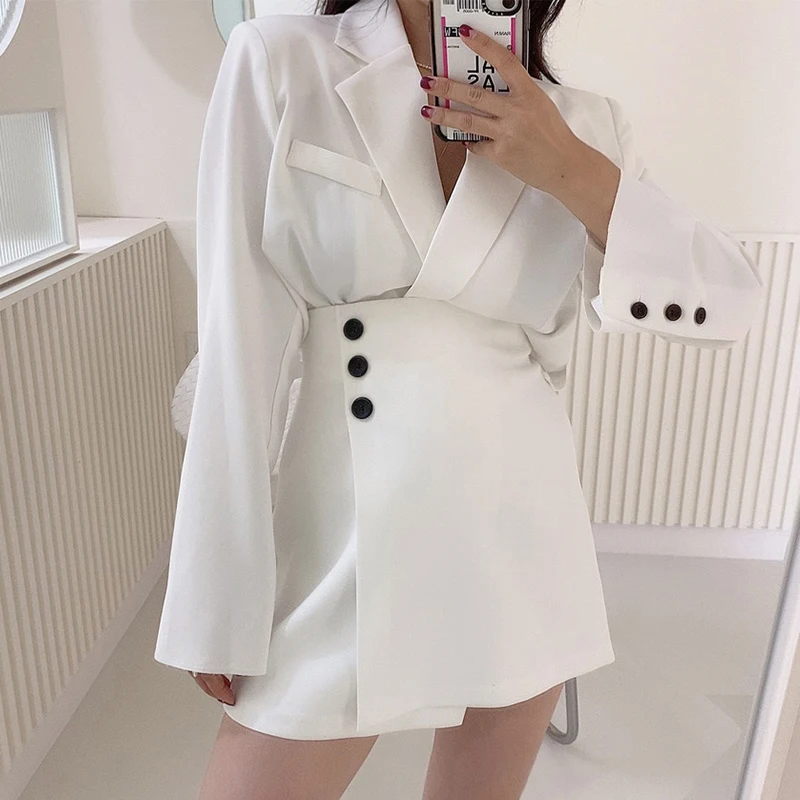 FORYUNSHES 2 Piece Set Women 2020 Autumn Korean Style Elegant OL Casual Notched Collar Blazer + High Waist Buttom Mini Skirt