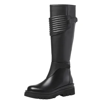 

Genuine Cow Leather Platform Knee Boots Thick Bottom Black White Brand Designed Zipper Riding Botas Mujer Ladies Knight Shoes